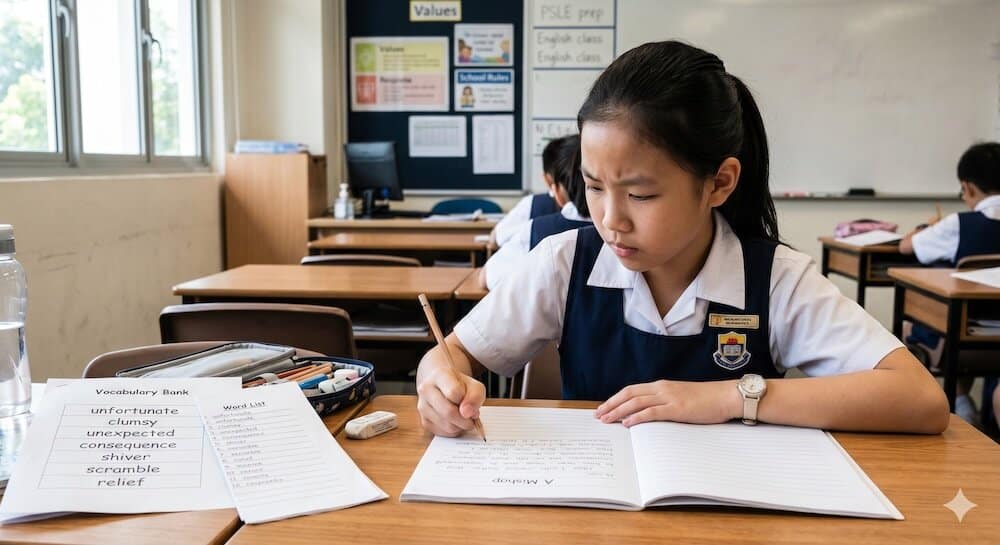 Primary 6 student in a Singapore school uniform writing a PSLE composition titled 'A Mishap', with a vocabulary bank and word list spread across the desk