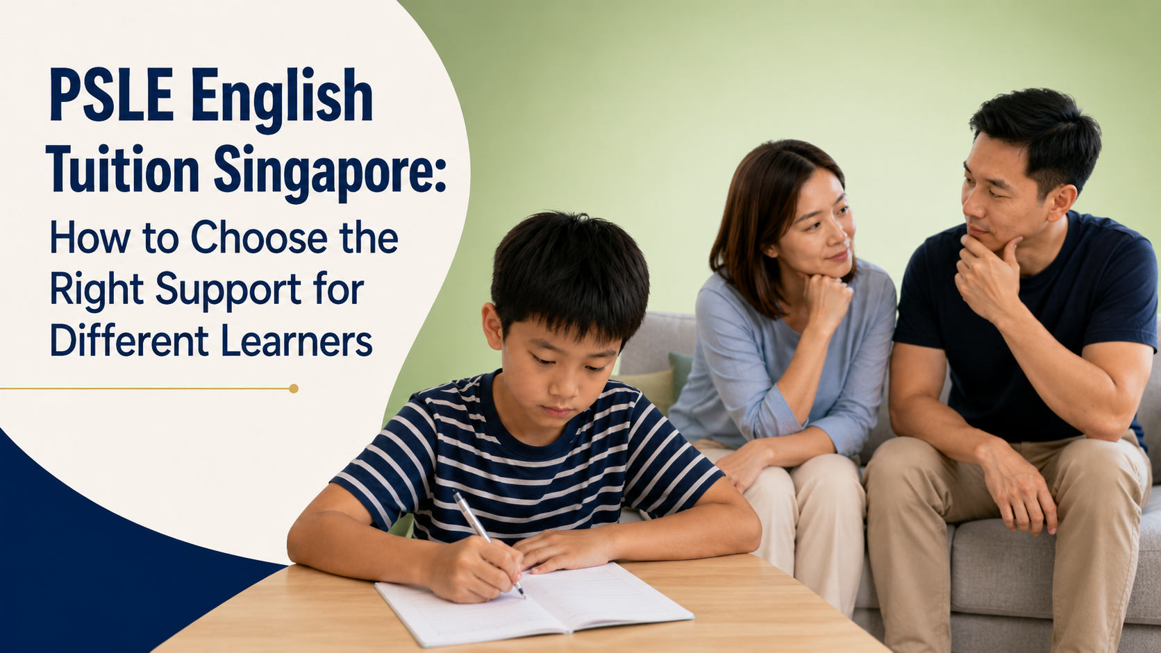 Parent helping a child choose the right PSLE English tuition support in Singapore.