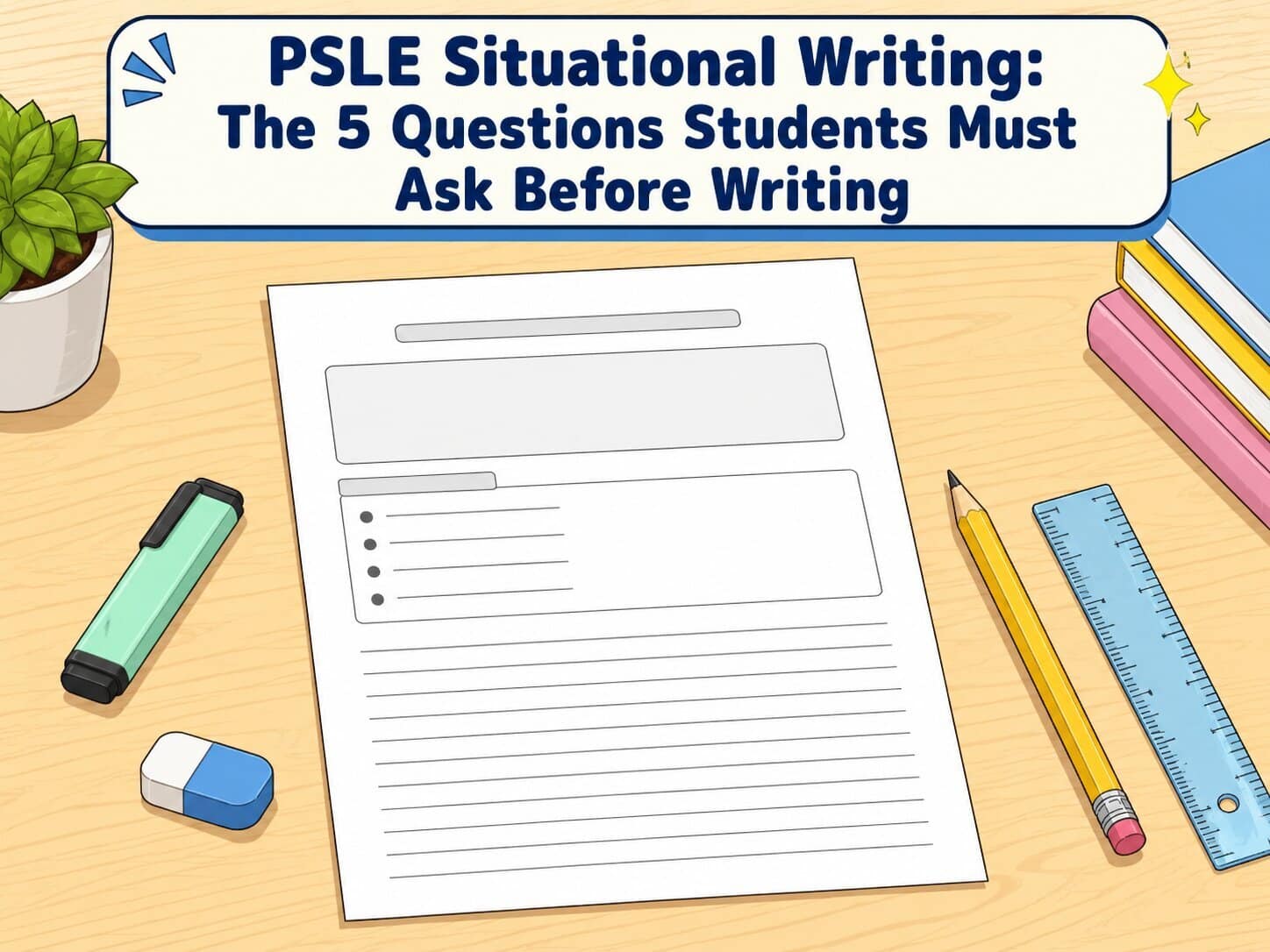 Student planning a PSLE Situational Writing task with a checklist before writing.