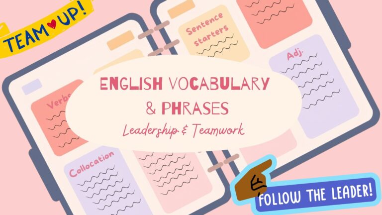 A word bank in the background. The title is English Vocabulary and Phrases: Leadership and Teamwork".