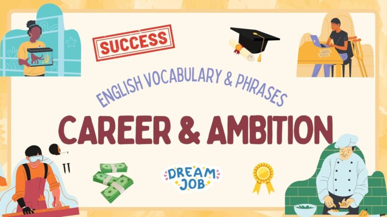 Cover image with the title "English Vocabulary and Phrases: Career and Ambition". There are also animated pictures of a chef, an architect, and other symbols like money and graduation cap.