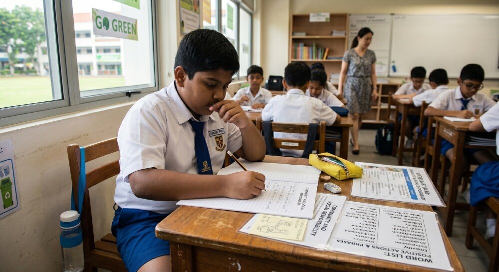 Primary 6 student in a Singapore school uniform writing a PSLE composition about community and social responsibility at her desk, neighbour visiting scenario sketched nearby, vocabulary bank spread across the table