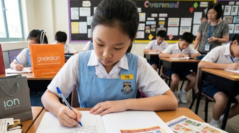 Primary 6 student in a Singapore school uniform writing a PSLE composition about consumerism and advertising at her desk, shopping bags and marked-up advertisements spread across the table, thoughtful expression
