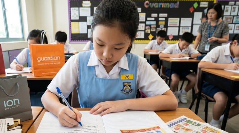 Primary 6 student in a Singapore school uniform writing a PSLE composition about consumerism and advertising at her desk, shopping bags and marked-up advertisements spread across the table, thoughtful expression