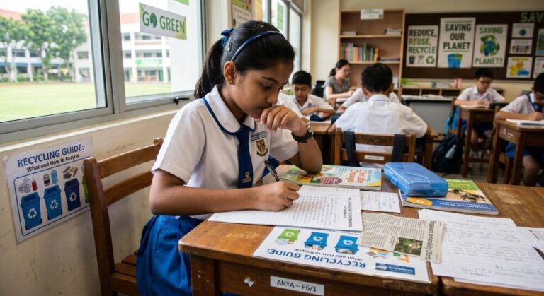 Primary 6 student in a Singapore school uniform writing a PSLE composition about environment and sustainability at her desk, recycling materials and environmental notes spread across the table
