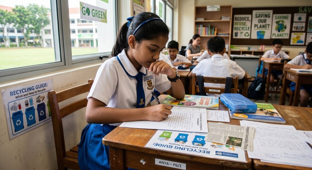 Primary 6 student in a Singapore school uniform writing a PSLE composition about environment and sustainability at her desk, recycling materials and environmental notes spread across the table