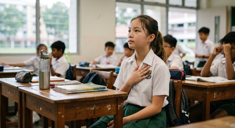 Primary 6 student in a Singapore school uniform sitting at a classroom desk, hand pressed to her chest, looking thoughtful after a cross-country run, water bottle and towel beside her, resilience and effort visible in her expression