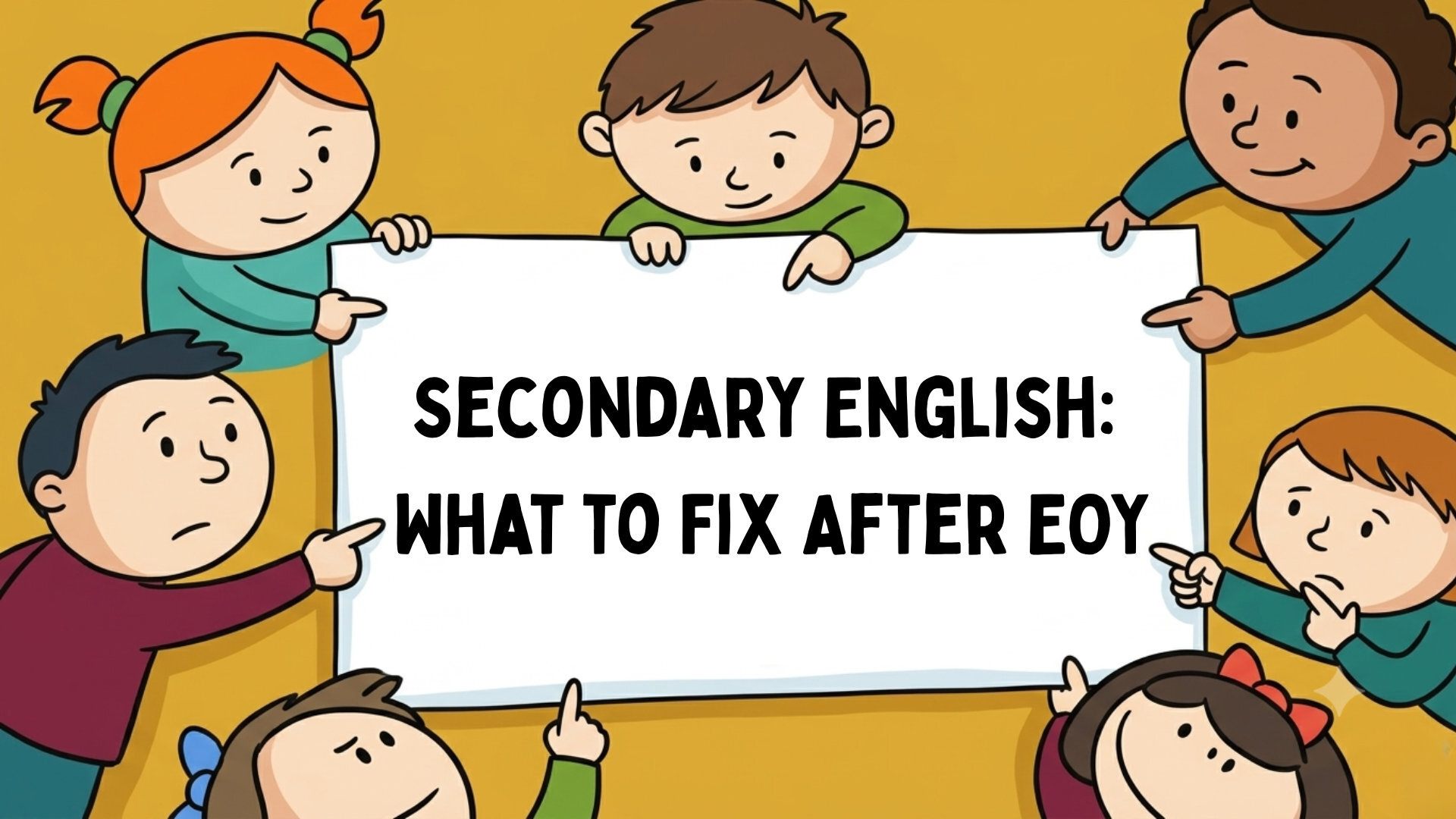 Cartoon image of students surrounding a placard with the words "Secondary English: What to Fix After EOY".