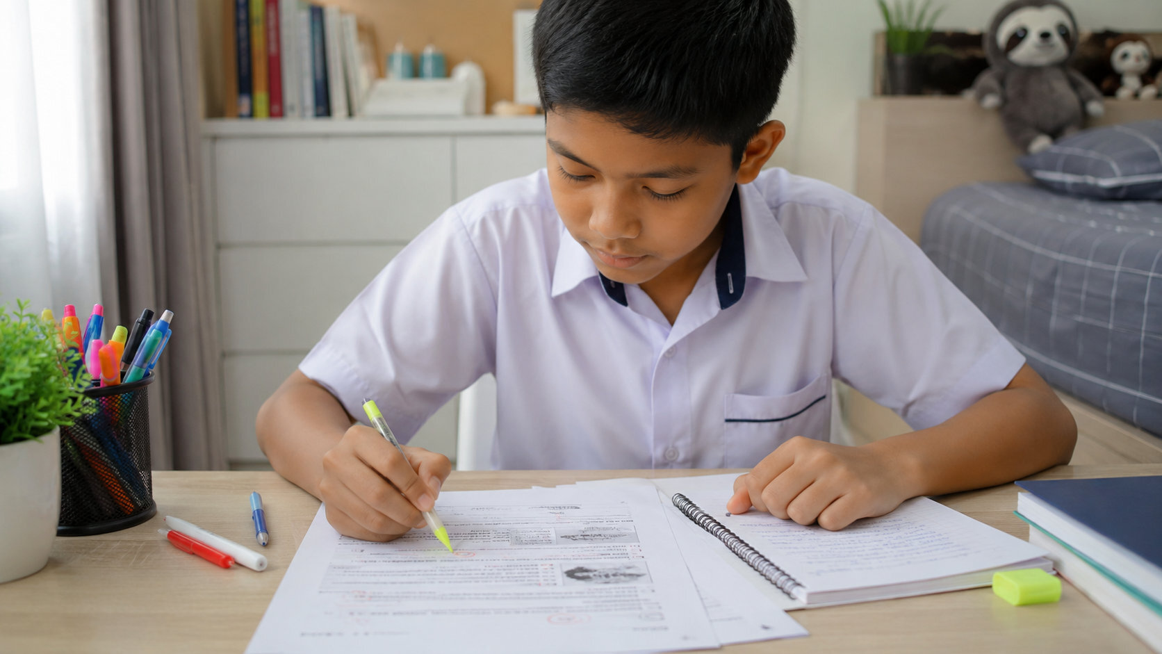 Student reviewing comprehension mistakes after an EOY English exam.