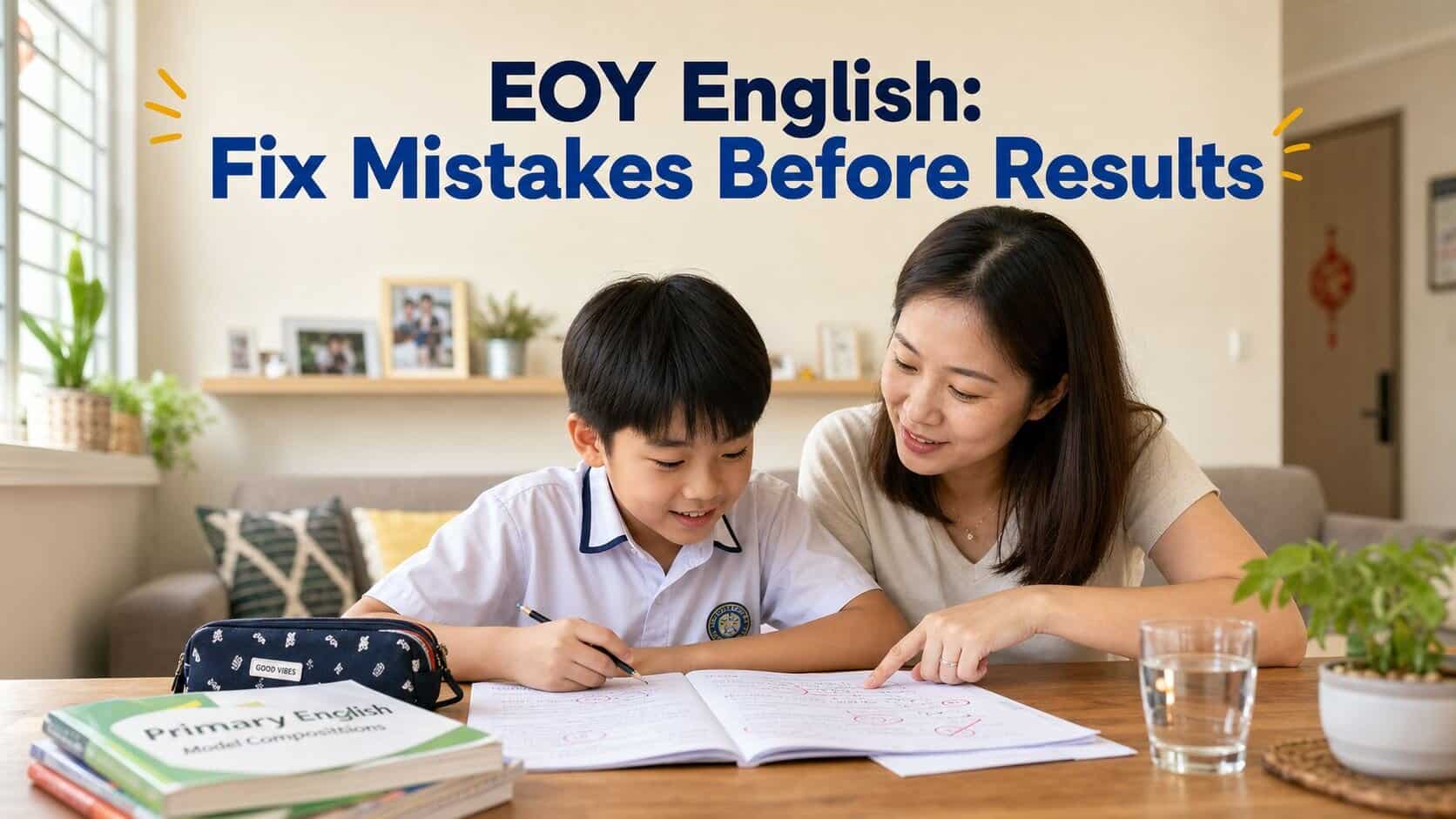 Singapore primary school parent and child reviewing an English exam paper together at home