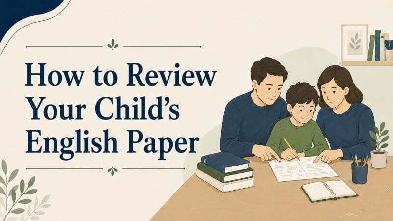 Parent reviewing a child’s English paper and discussing mistakes calmly at home.
