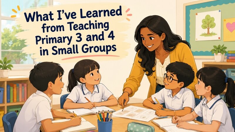 Primary 3 and 4 students learning English in a small-group classroom.