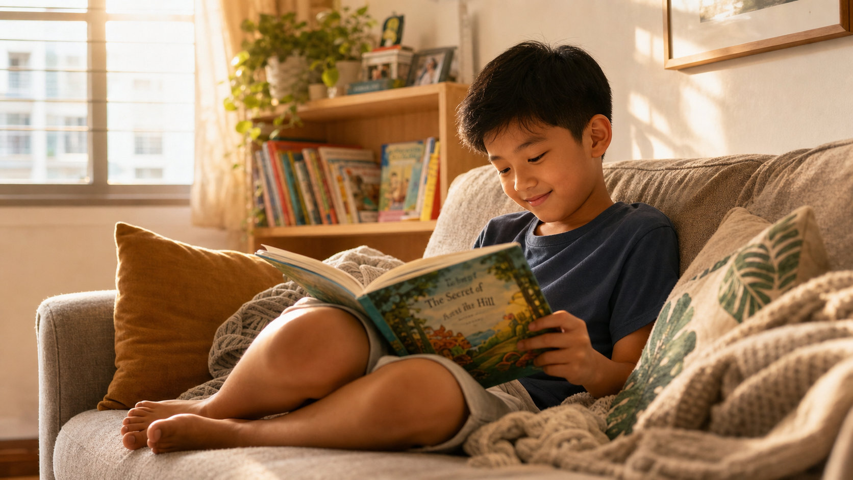 Singapore primary school child reading a book at home on the sofa during the school holidays