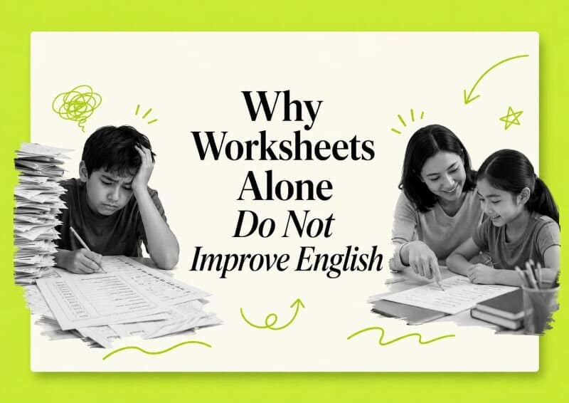 Student completing English worksheets with a parent reviewing mistakes beside them.