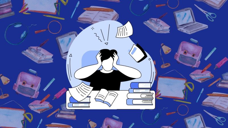 Student holding their head and feeling overwhelmed from having to study so many things.