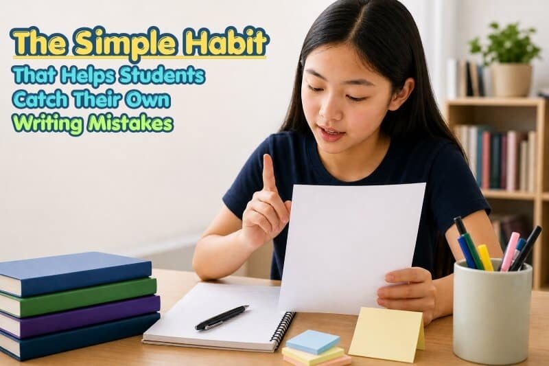 A girl writing a composition with the words "The Simple Habit That Helps Students Catch Their Own Writing Mistakes" on the top left corner as the title.