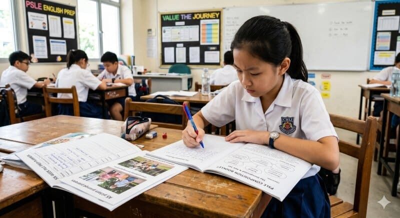 Primary 6 student in Singapore school uniform planning a PSLE composition with a six-week prep planner and notes spread across the desk